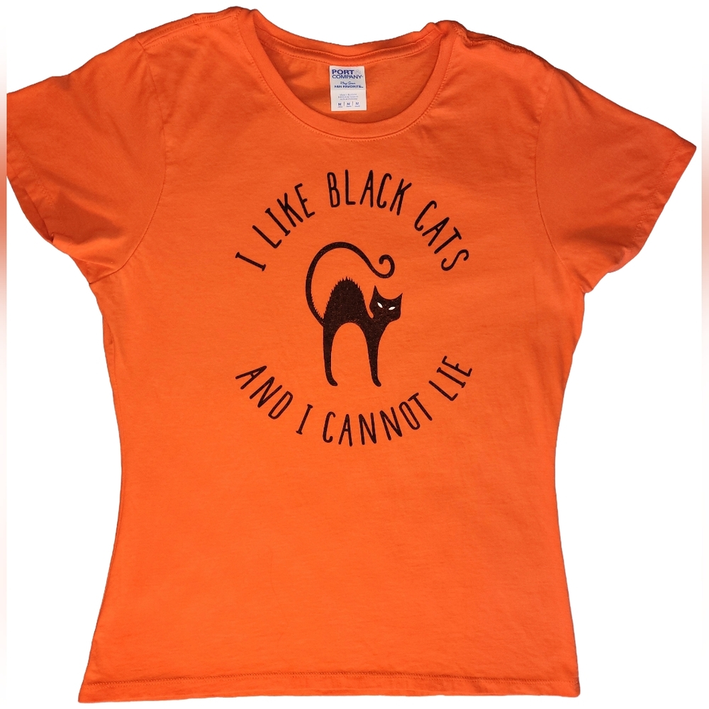 Halloween T-shirt "I Like Black Cats And I Cannot Lie" Orange & Black Size Med